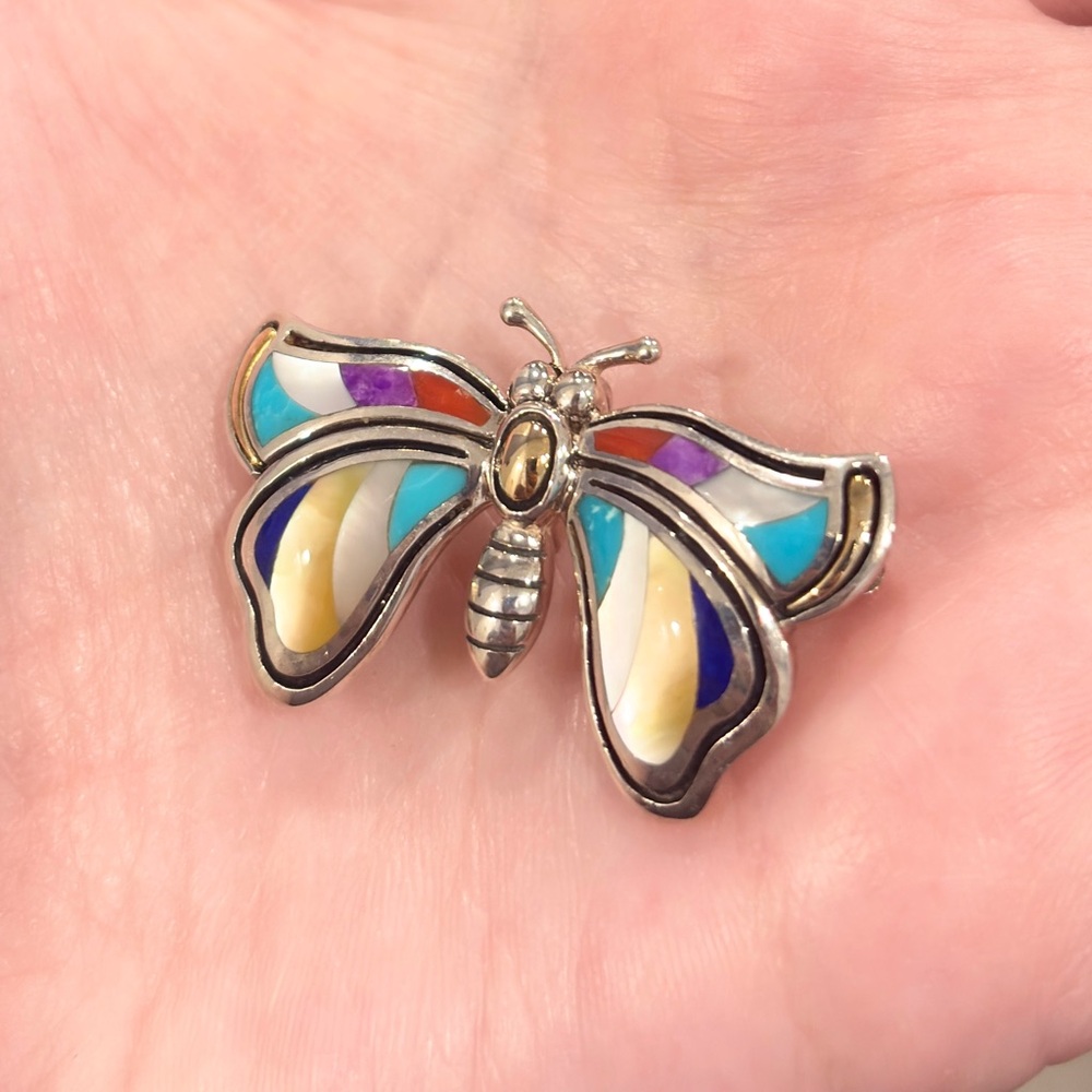 Grossbardt Southwestern Butterfly Pendant/Brooch, Colorful Inlay 925 18K Luxury - Picture 5 of 15